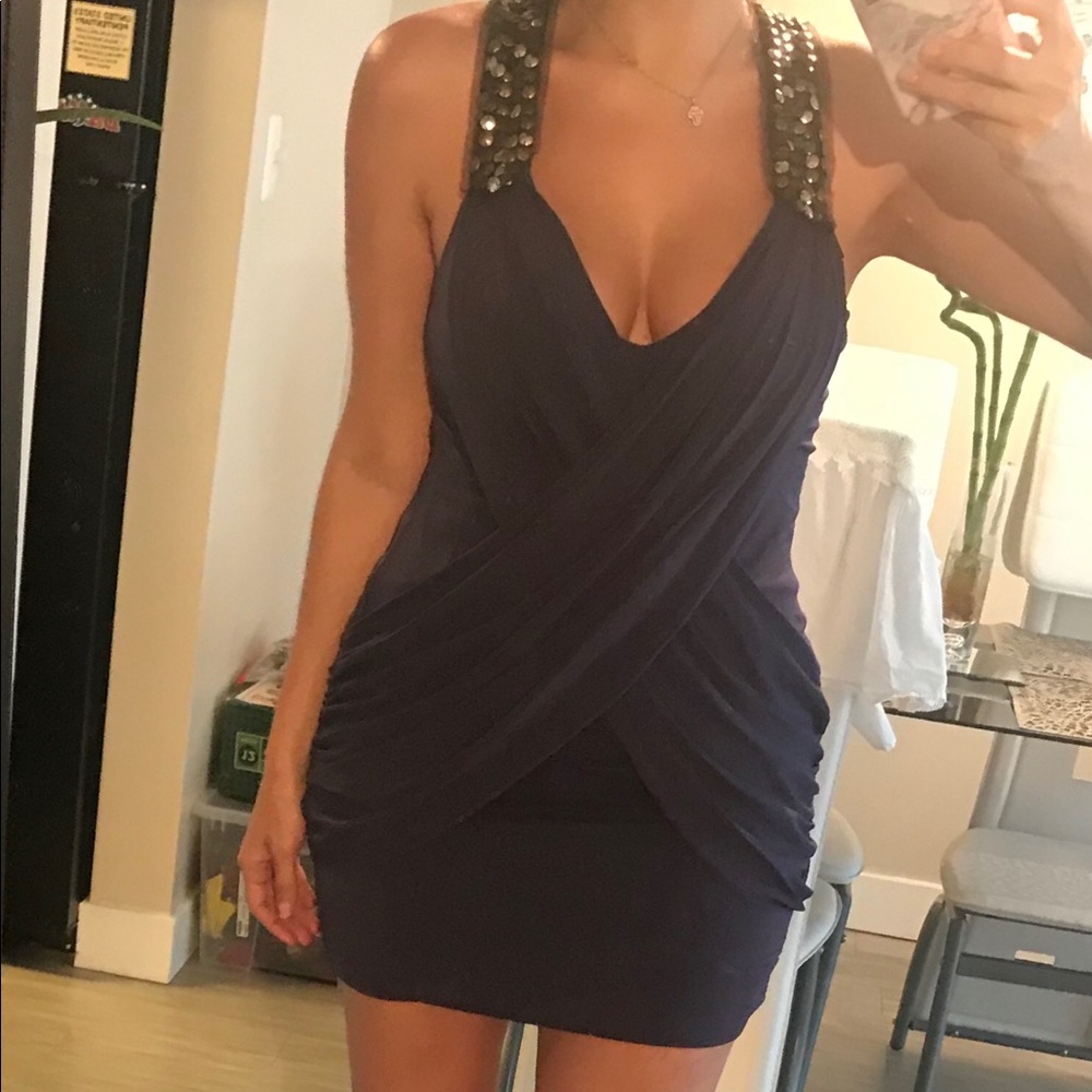👗BCBGMAXAZARIA Embellished Dark Purple Mini Dress